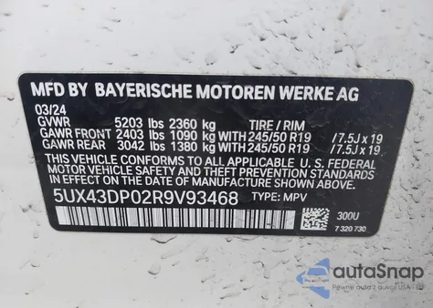 2024 BMW X3 Sdrive30I z USA, uszkodzony, nr VIN 5UX43DP02R9V93468
